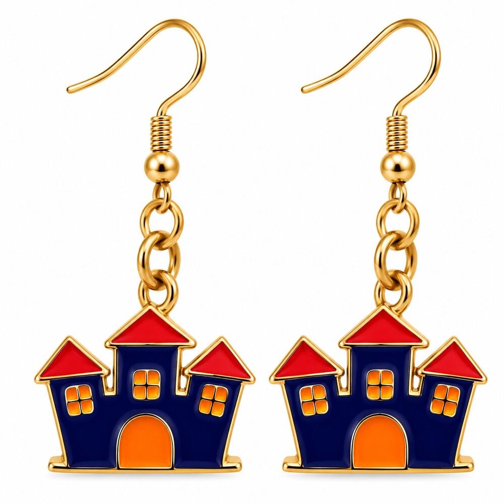Halloween Haunted House Castle Navy Red Gold Tone Dangle Earrings NWOT